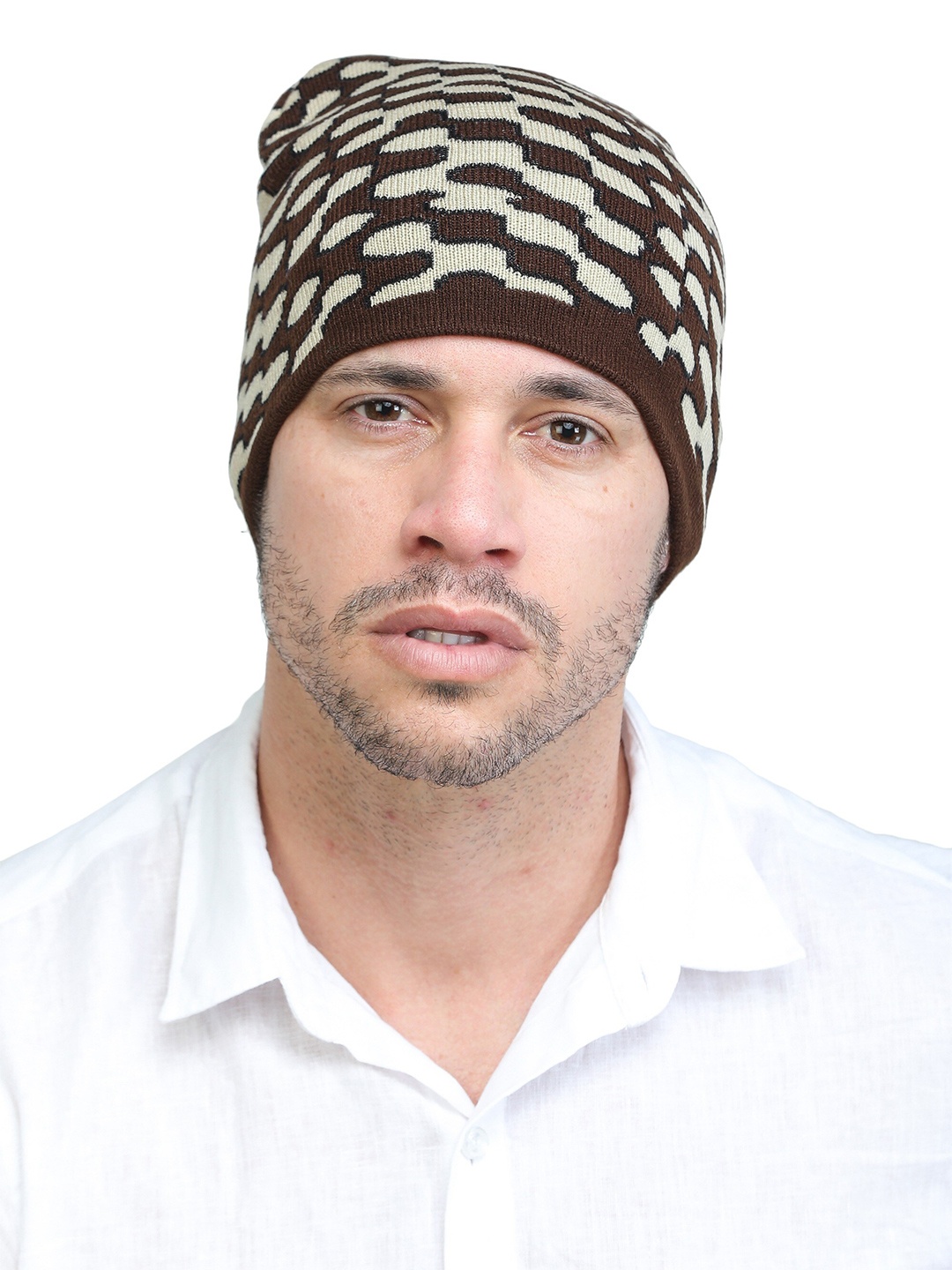 

ELLIS Men Brown & Cream-Coloured Self Design Wool Beanie