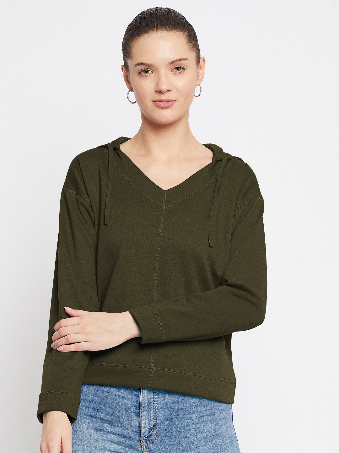 

FRENCH FLEXIOUS Women Olive Green Hooded Sweatshirt