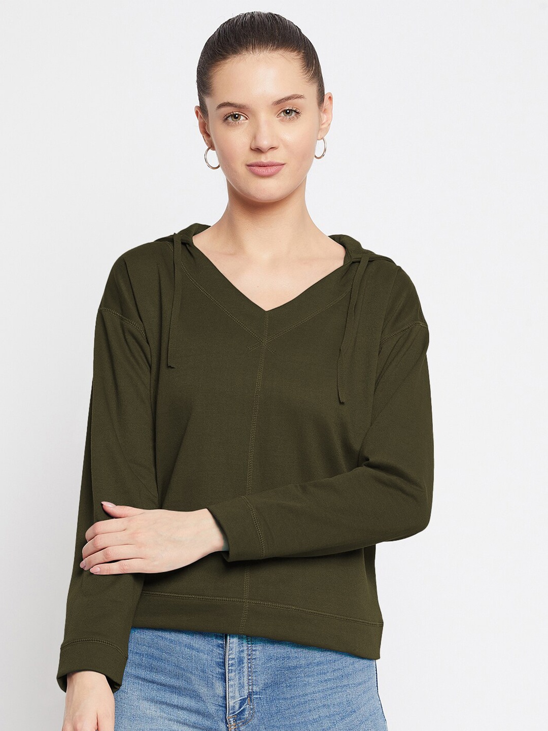 

FRENCH FLEXIOUS Women Olive Green Hooded Sweatshirt