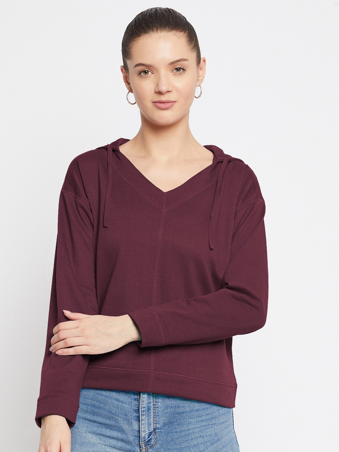 

FRENCH FLEXIOUS Women Burgundy Hooded Sweatshirt