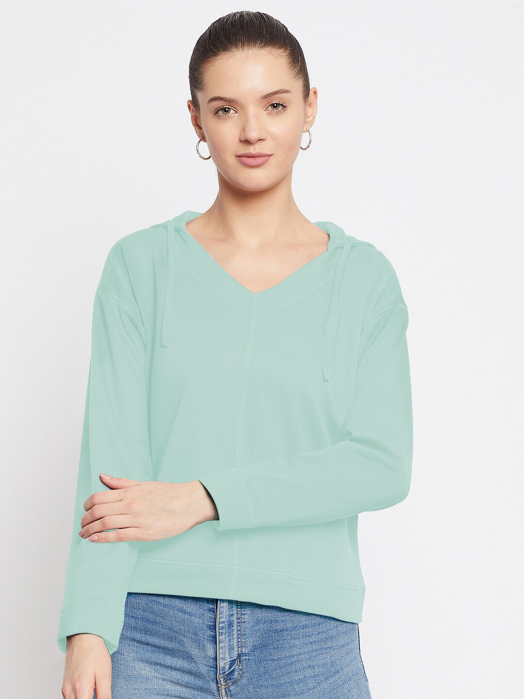 

FRENCH FLEXIOUS Women Sea Green Hooded Sweatshirt