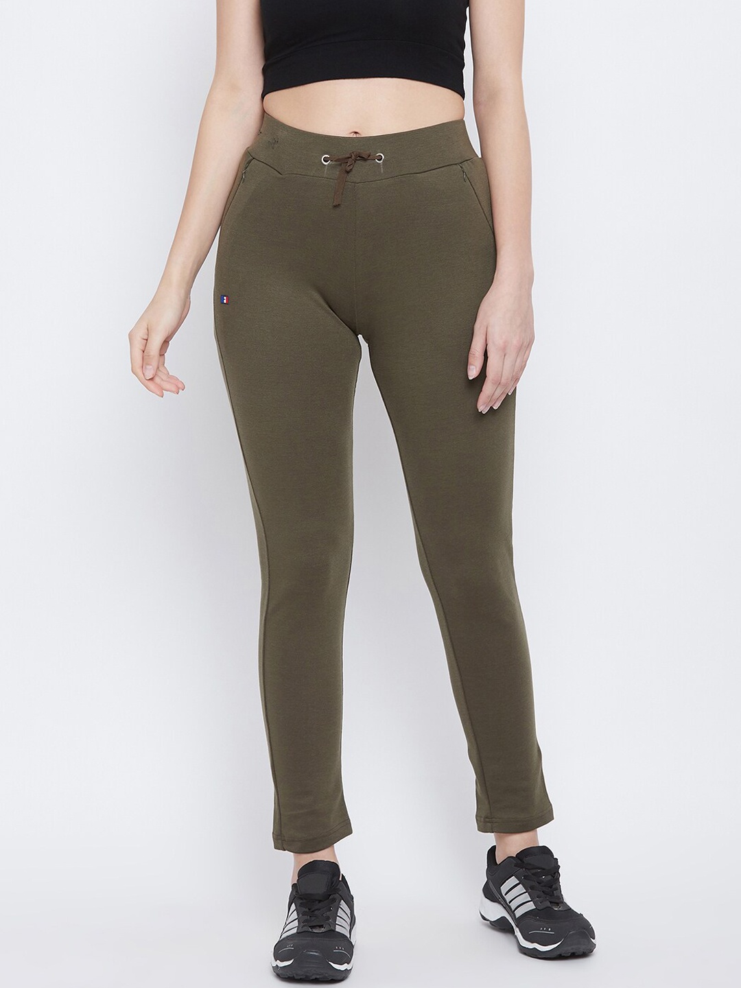 

FRENCH FLEXIOUS Women Olive-Green Solid Slim-Fit Track Pants