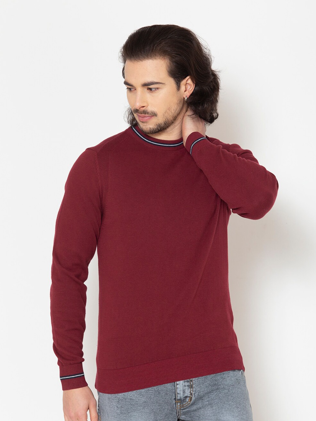 

Allen Cooper Men Maroon Solid Pure Cotton Pullover