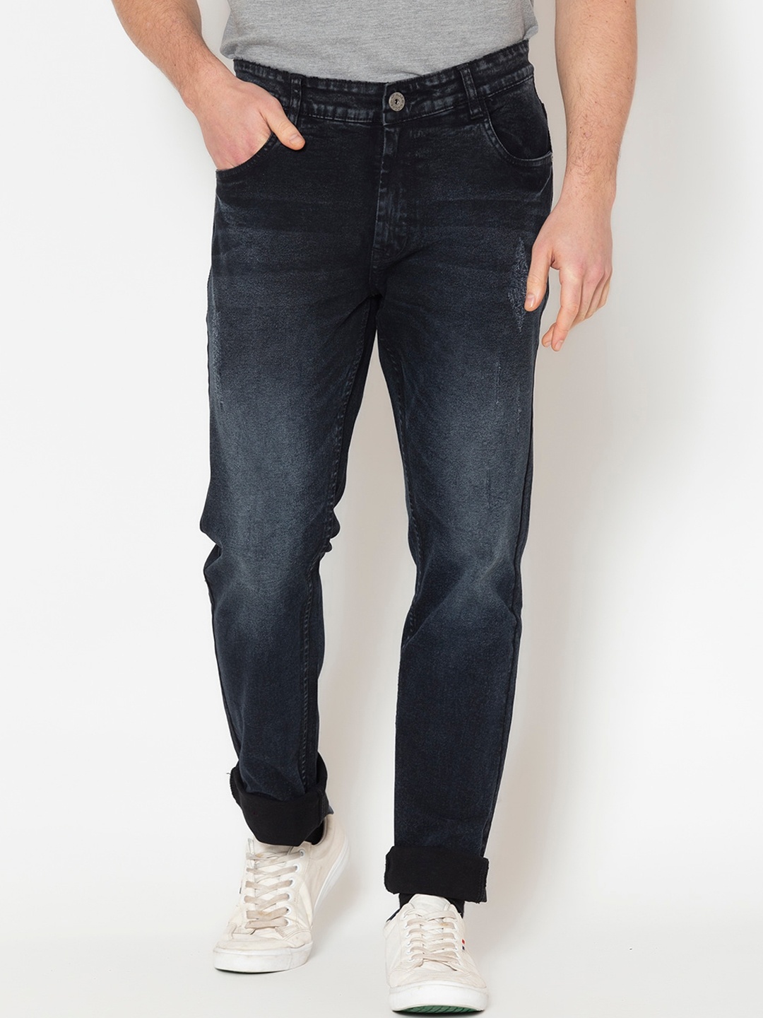 

Allen Cooper Men Black Slim Fit Low Distress Light Fade Stretchable Jeans