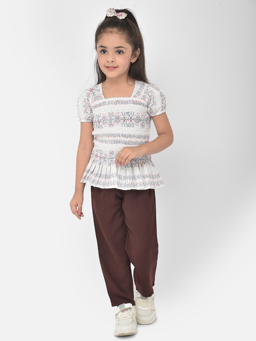 

Eavan Girls White Printed Top with Trousers