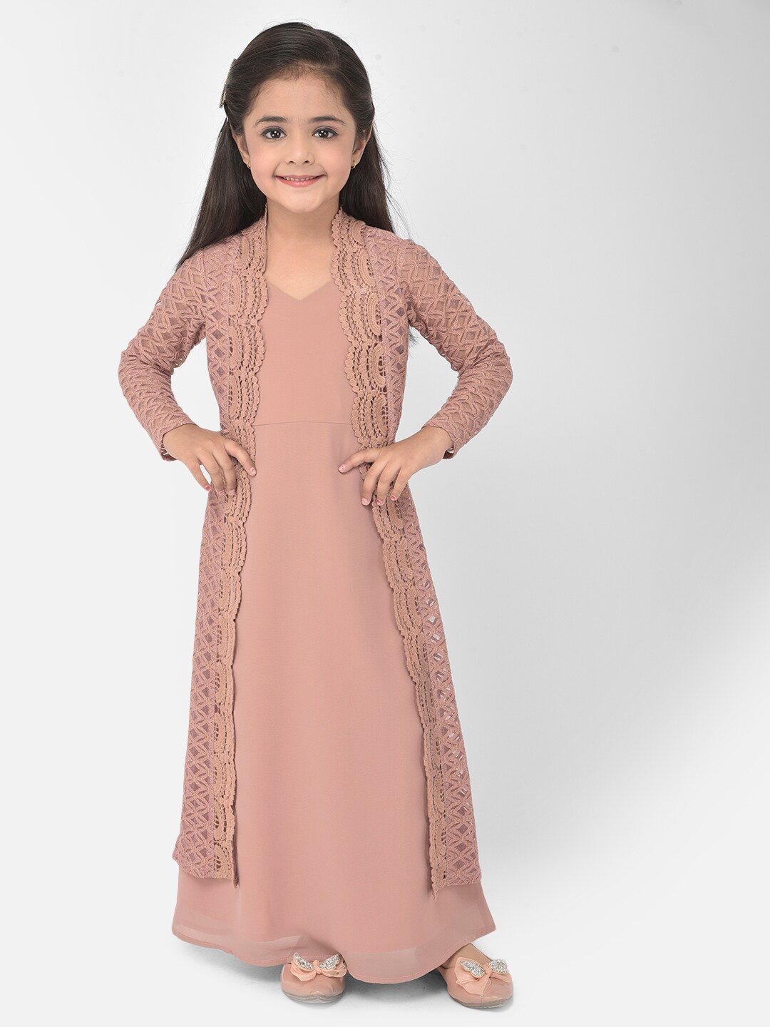 

Eavan Peach-Coloured Lace Cotton Maxi Dress With Attached Jacket