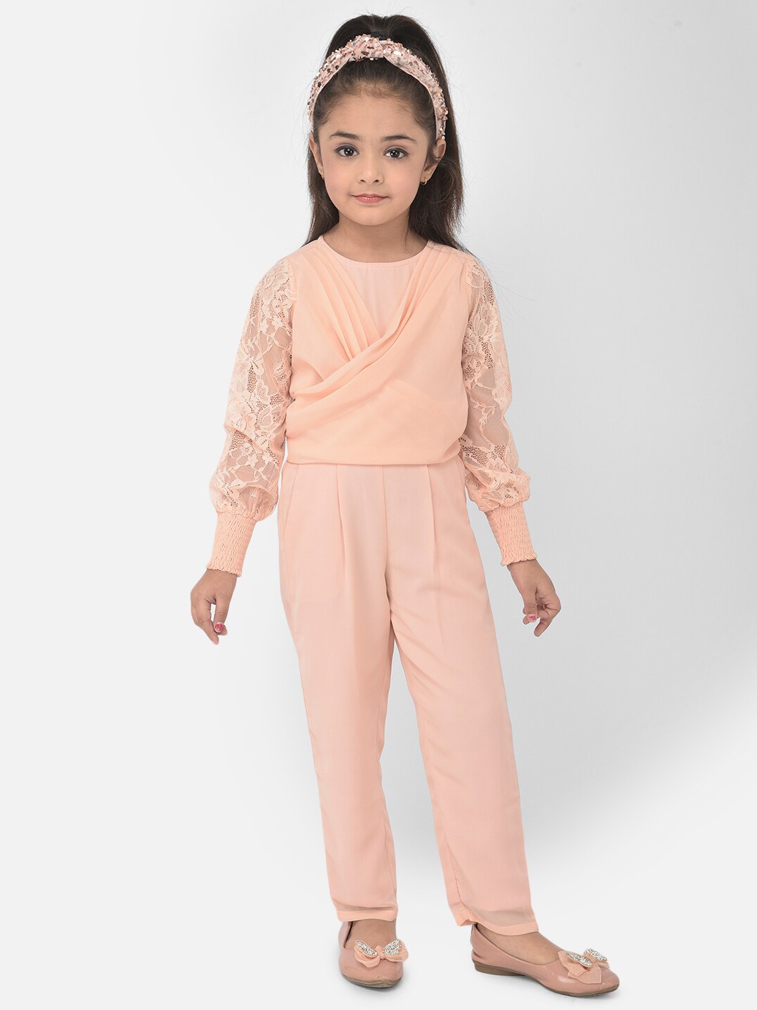 

Eavan Girls Peach-Coloured Self Design Georgette Jumpsuit