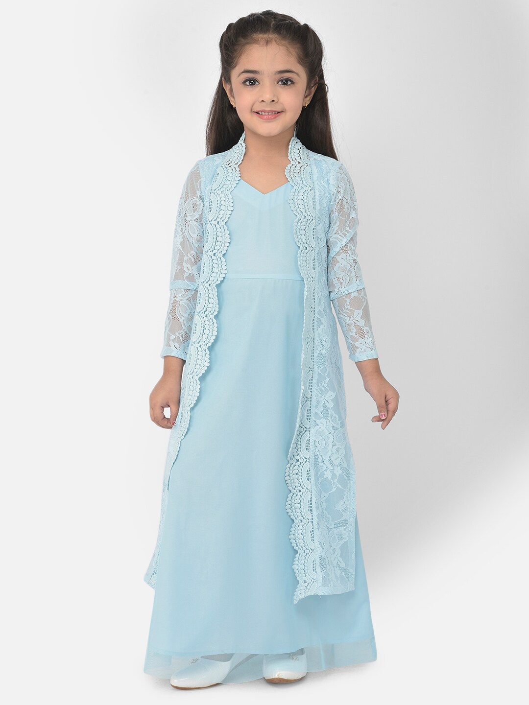 

Eavan Turquoise Blue Lace Maxi Dress with Attached Longline Shrug