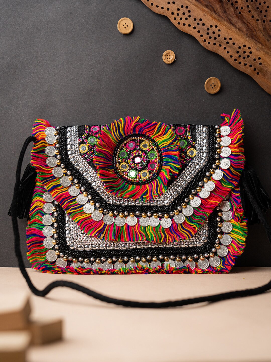 

NR By Nidhi Rathi Beige & Black Embroidered Foldover Clutch