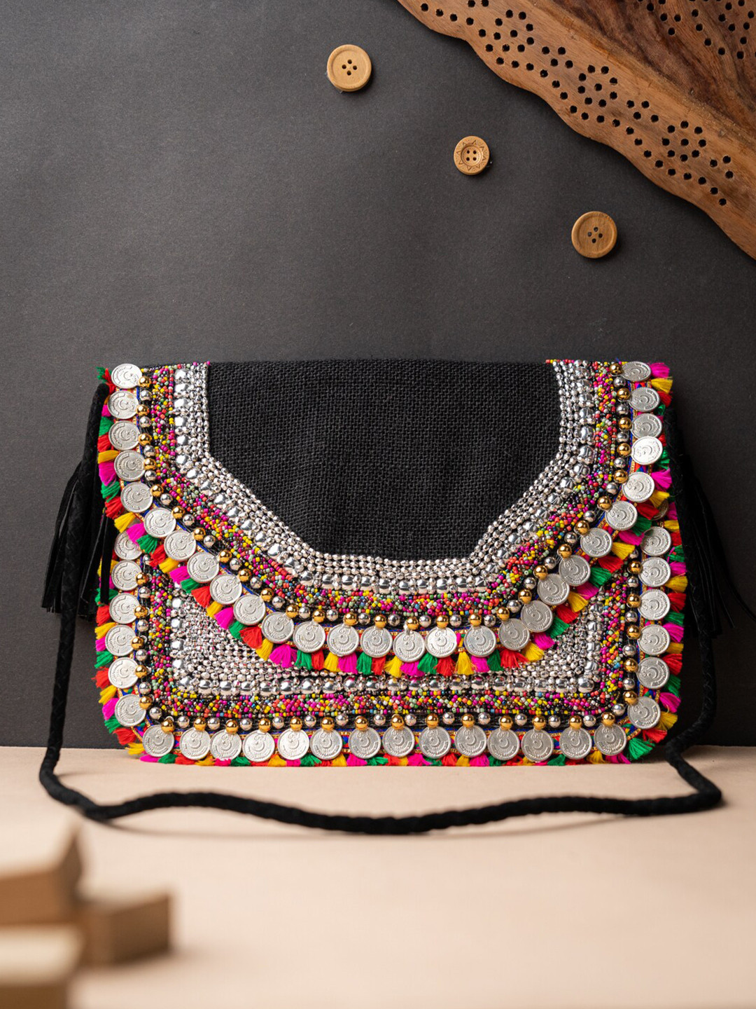 

NR By Nidhi Rathi Beige & Black Embroidered Foldover Clutch