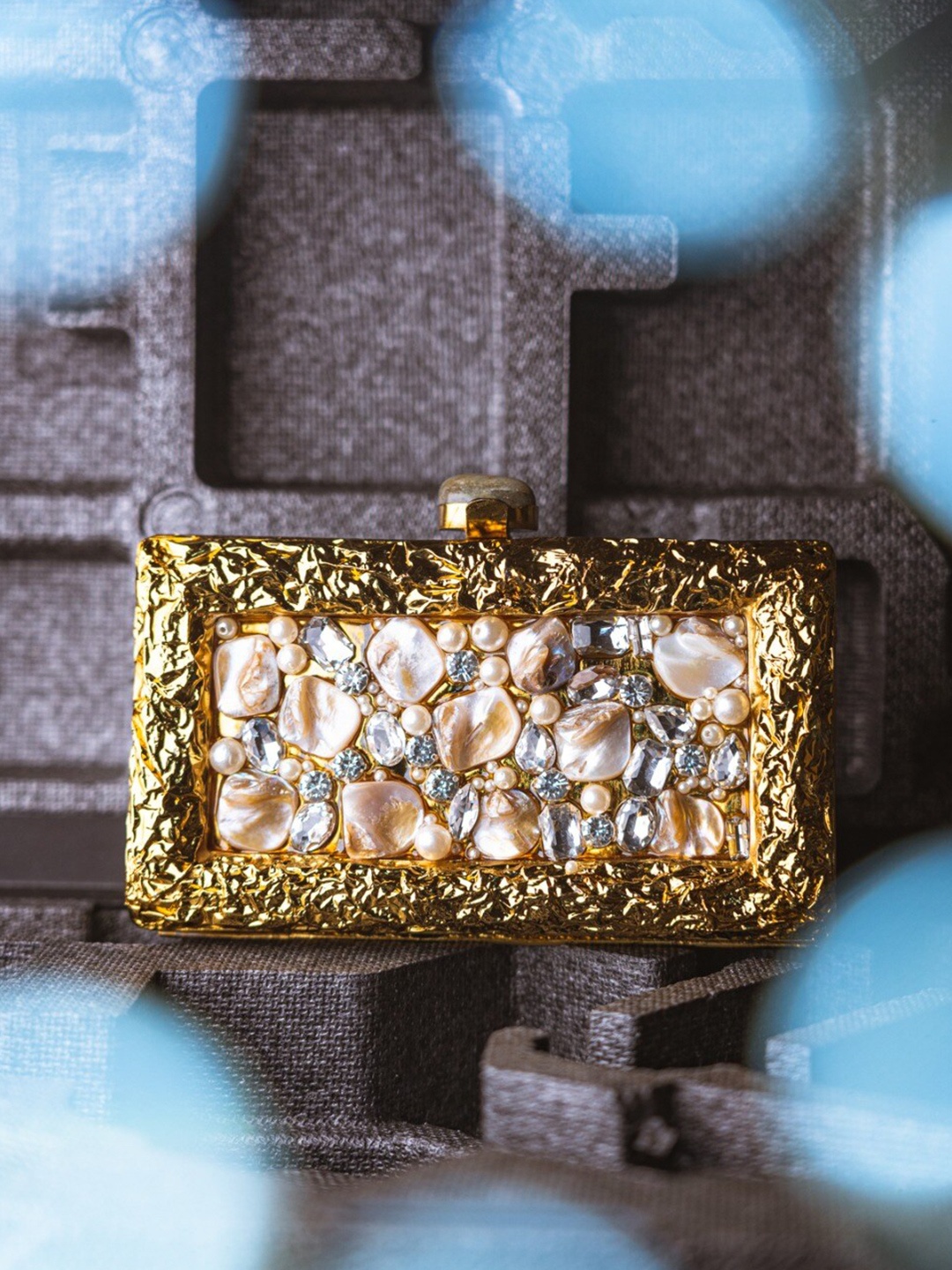 

NR By Nidhi Rathi Beige & Gold-Toned Embellished Stone Studded Resin Box Clutch