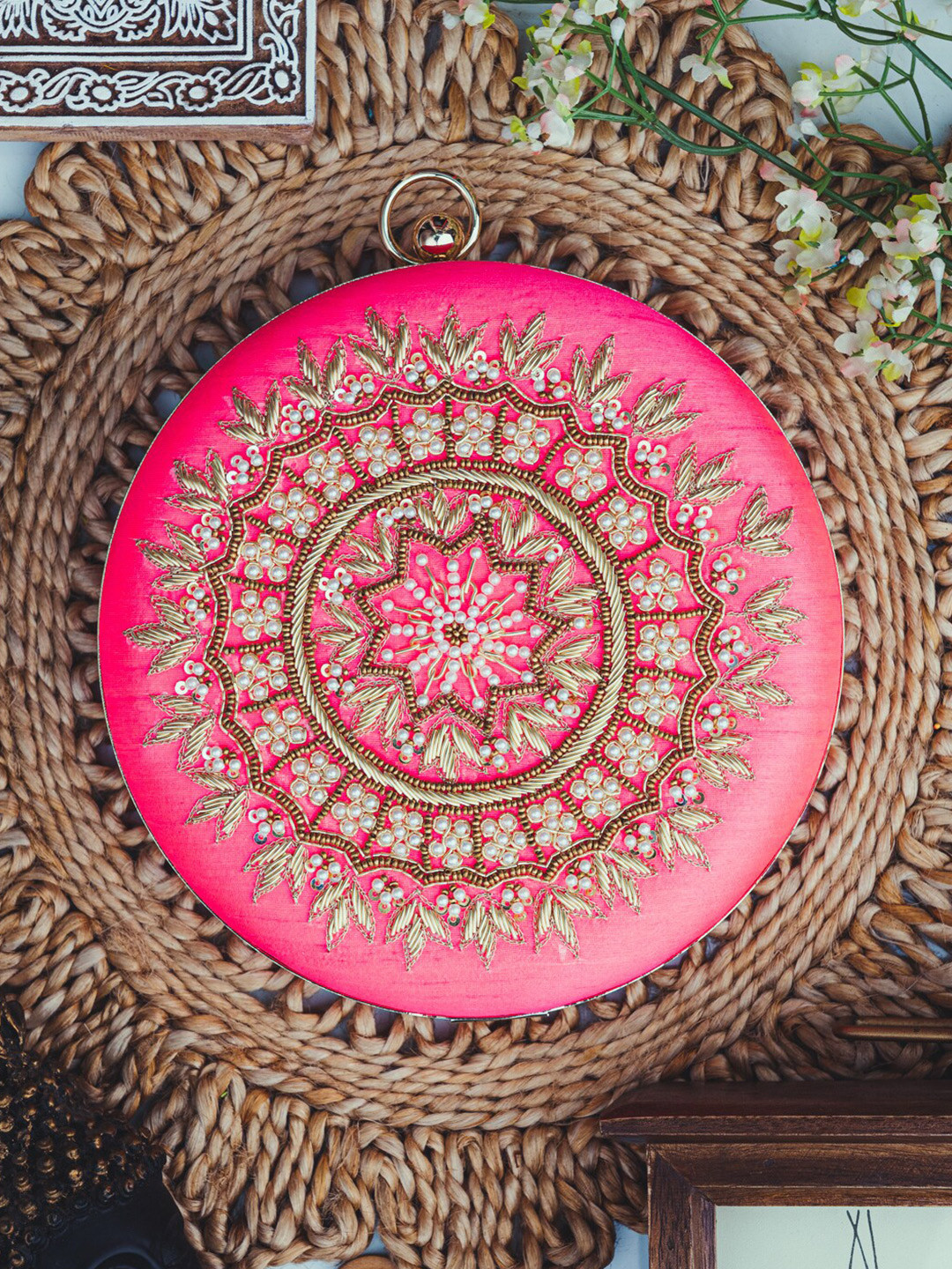 

NR By Nidhi Rathi Coral & Gold-Toned Embroidered Box Clutch