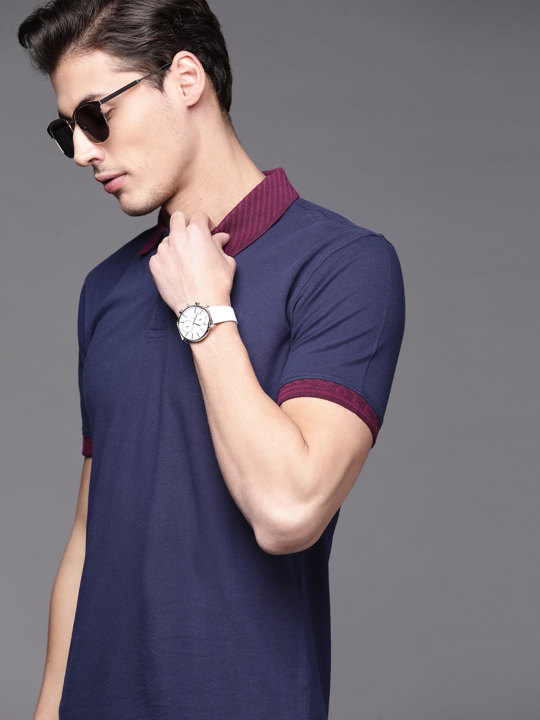 

Allen Solly Men Navy Blue Polo Collar Pure Cotton T-shirt