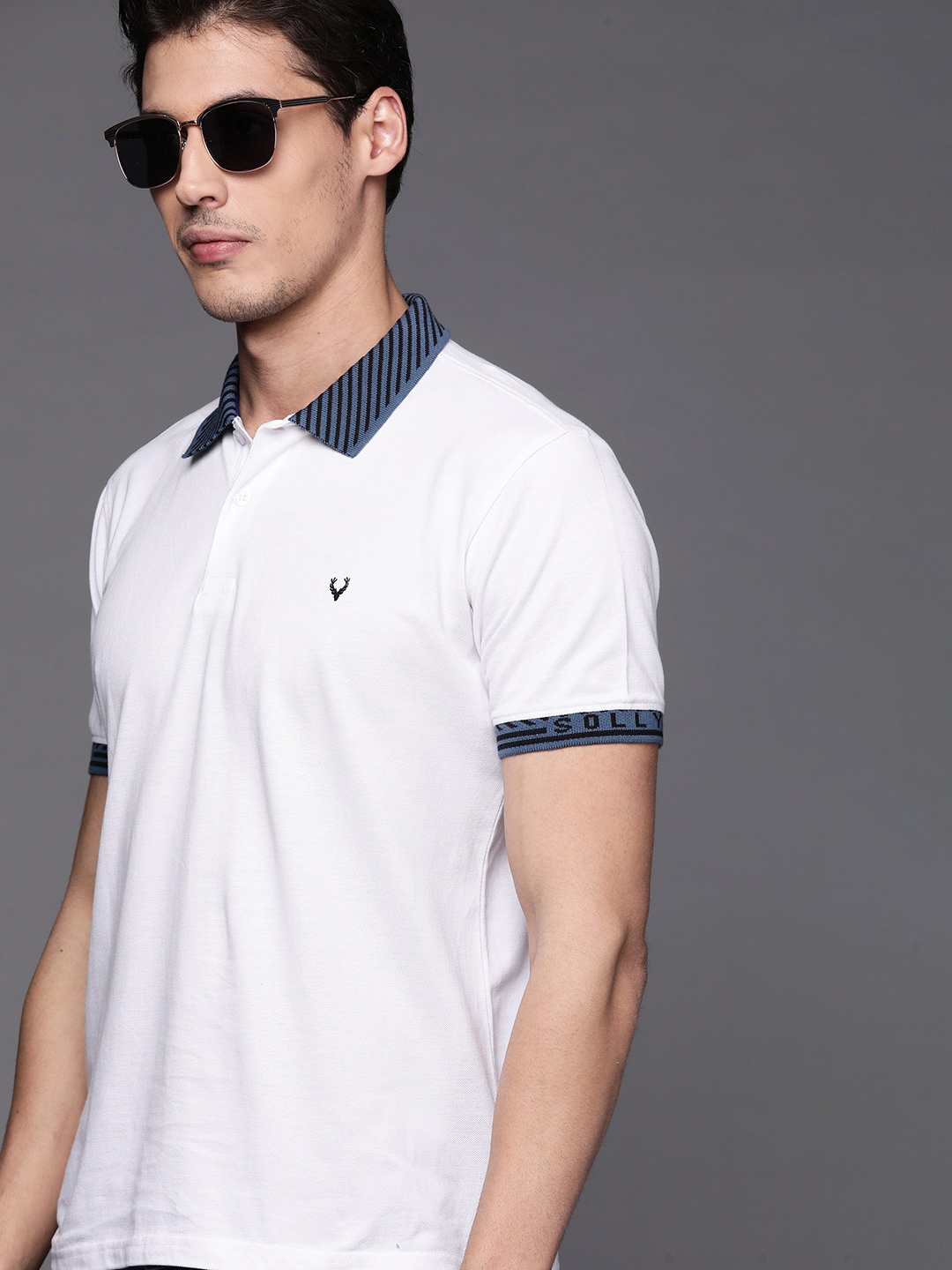 

Allen Solly Men White & Navy Blue Polo Collar Pure Cotton T-shirt