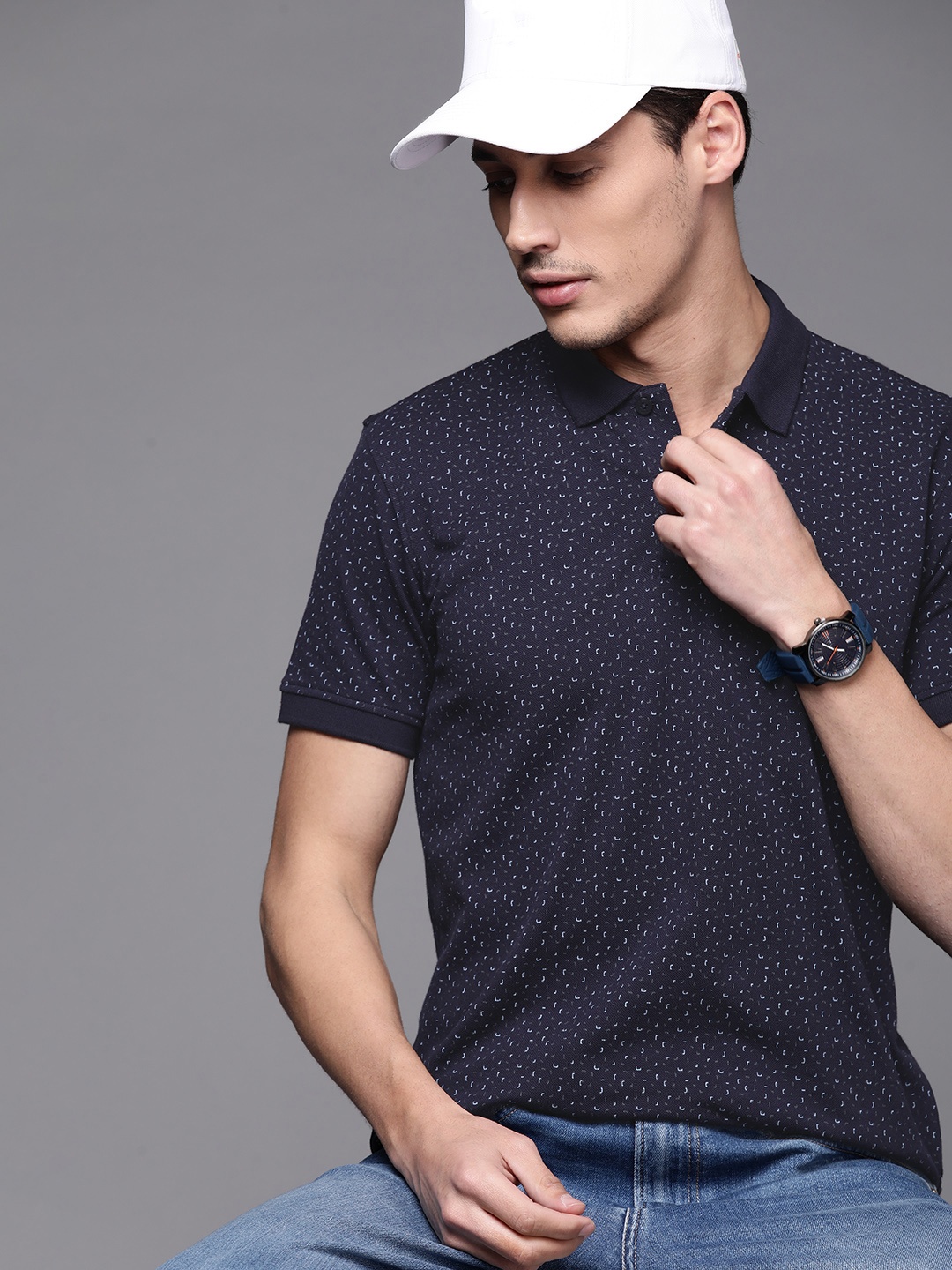 

Allen Solly Men Navy Blue Printed Polo Collar T-shirt