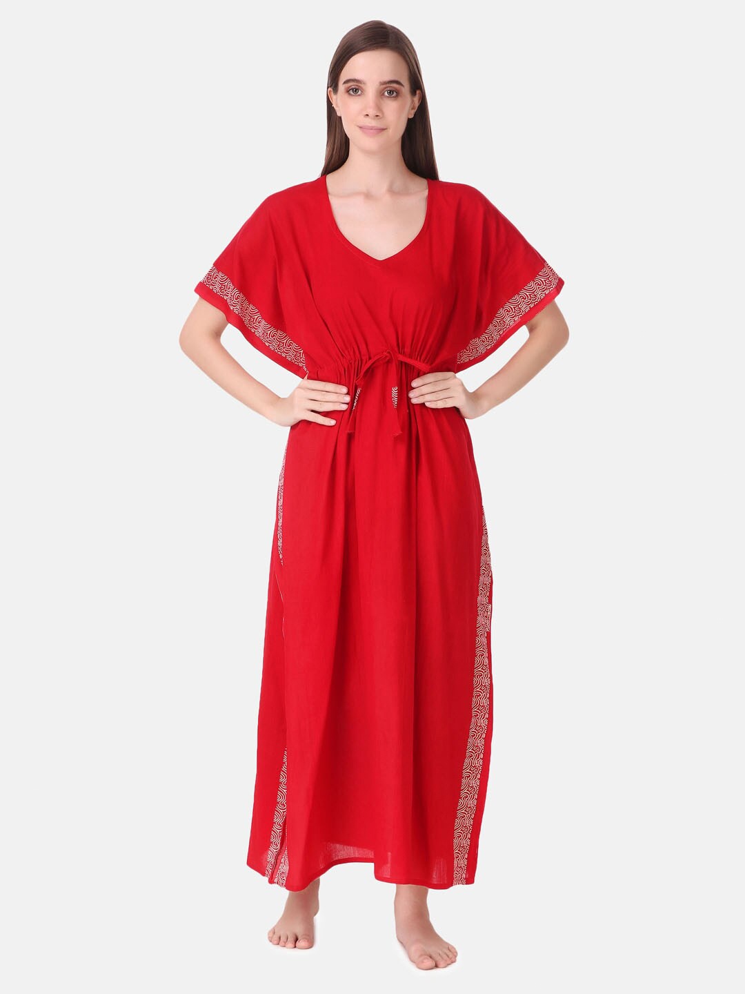 

Masha Red Batik Printed Pure Cotton Kaftan Maxi Nightdress