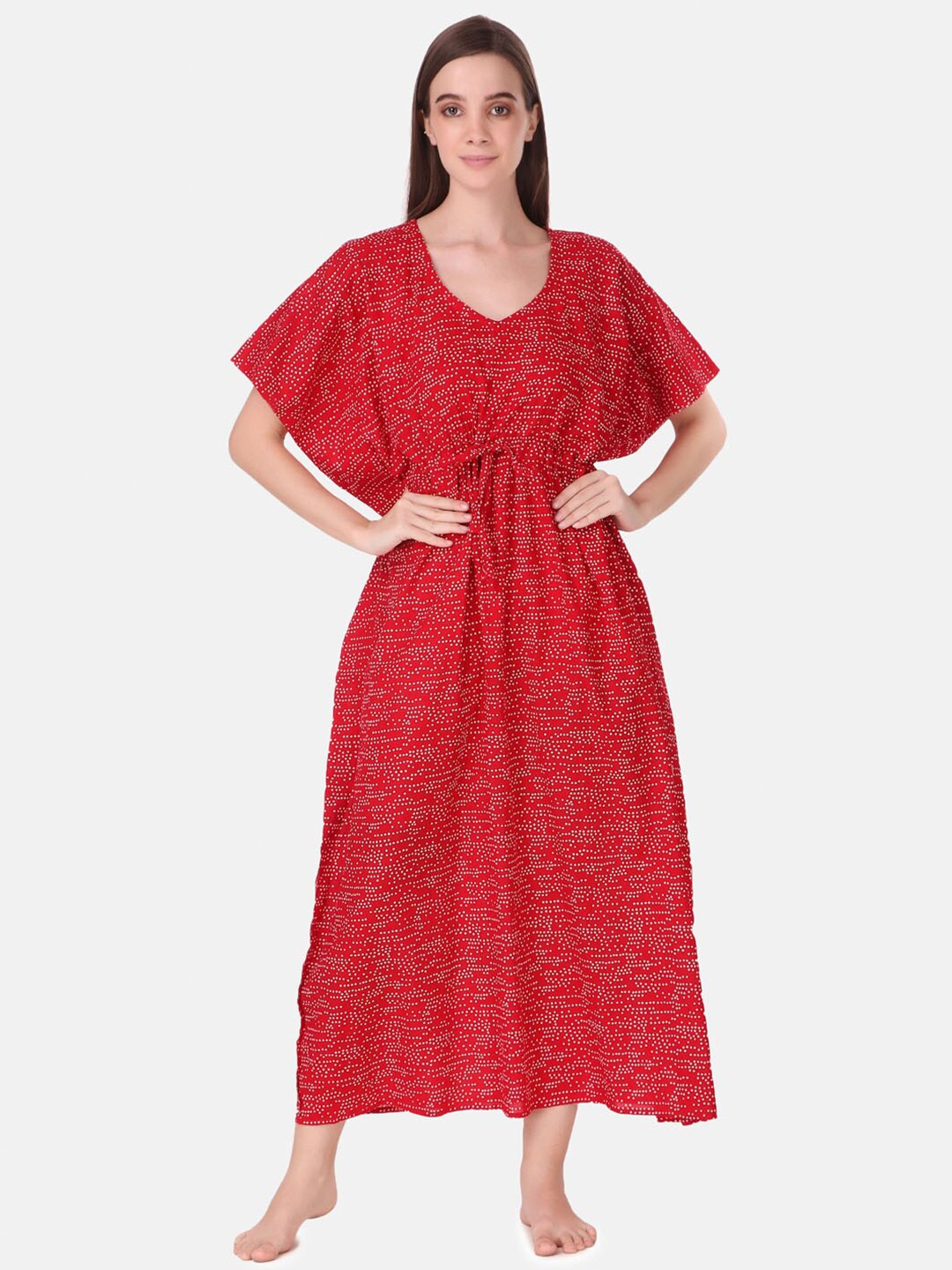 

Masha Red Printed Pure Cotton Maxi Kaftan Nightdress