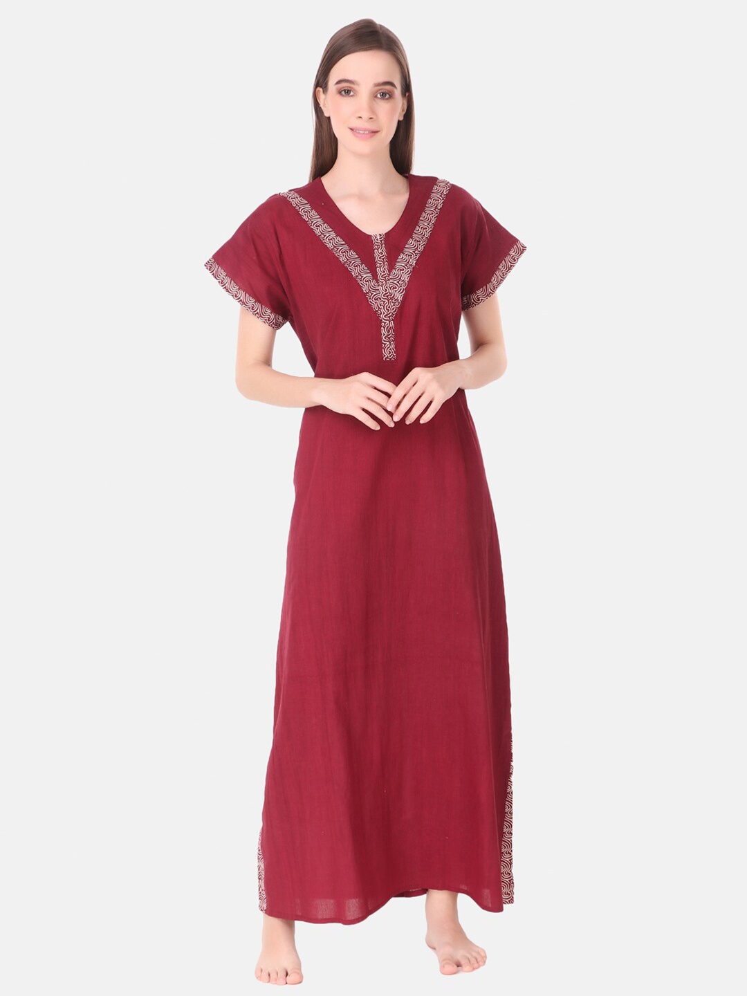 

Masha Women Maroon Solid Pure Maxi Nightdress