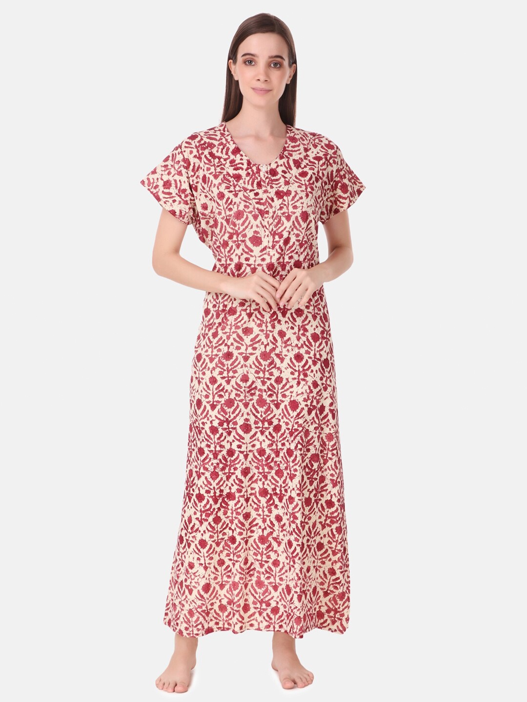 

Masha Maroon Printed Pure Cotton Maxi Nightdress