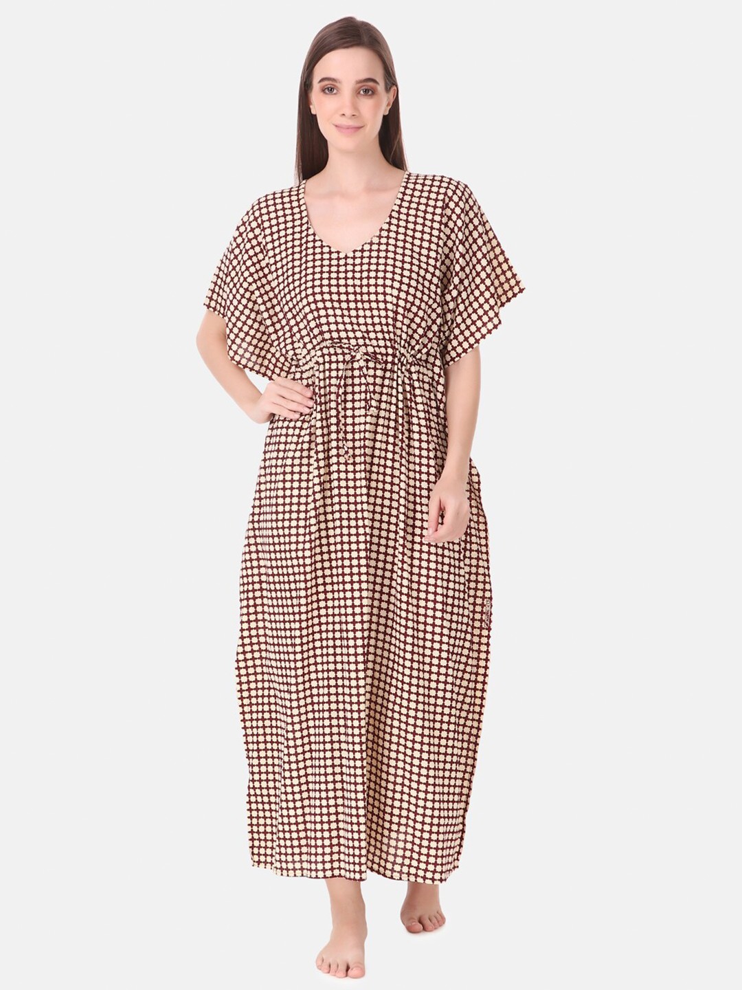 

Masha Maroon Batik Printed Pure Cotton Kaftan Maxi Nightdress