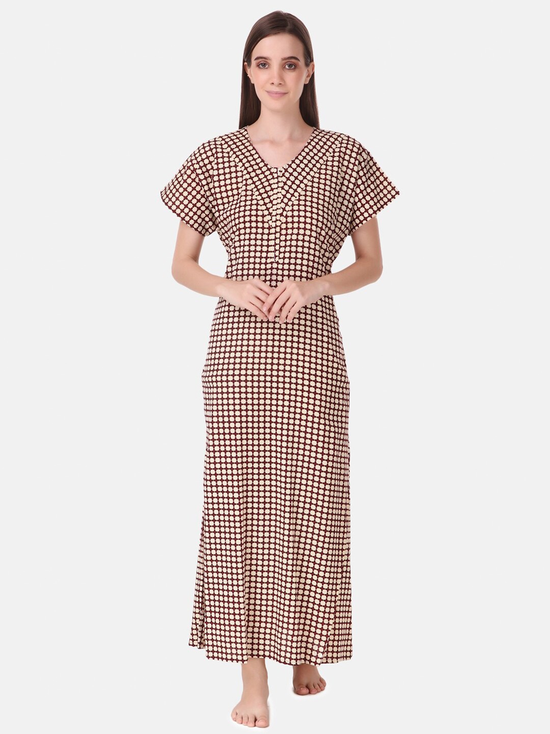 

Masha Women Maroon & Beige Printed Maxi Nightdress