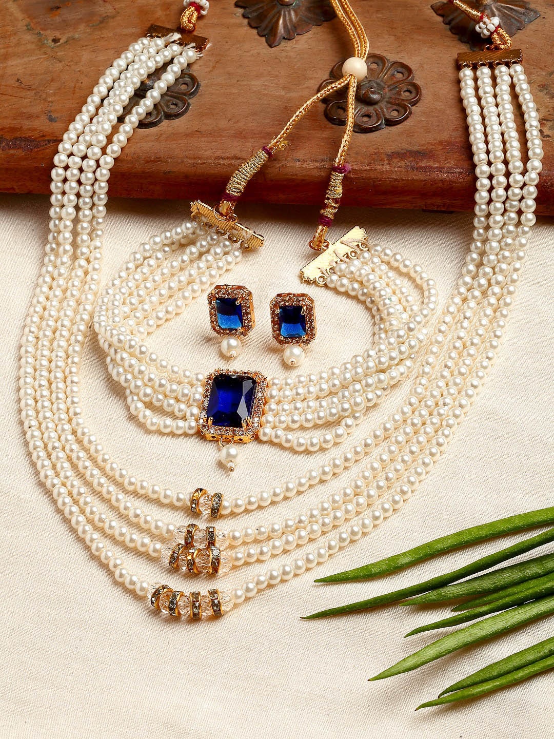 

ZENEME Gold-Plated Blue Stone-Studded & Pearl Beaded Layered Jewellery Set