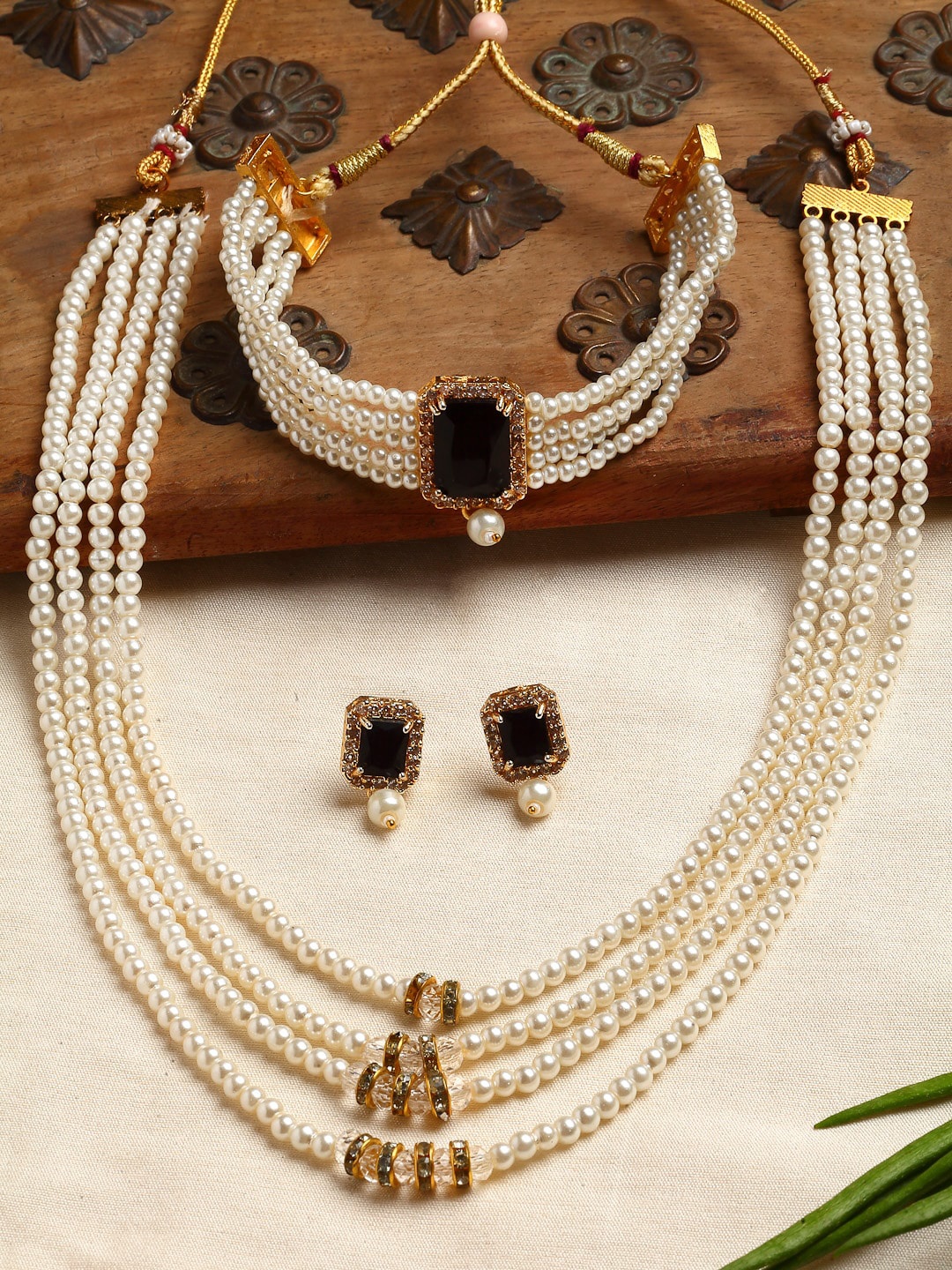 

ZENEME Gold-Plated & Black Stone-Studded & Beaded Layered Temple Jewellery Set