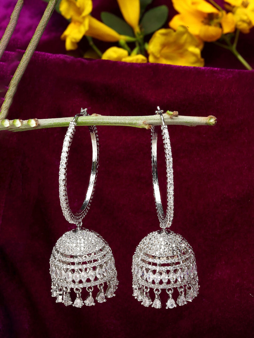 

ZENEME Silver-Plated Dome Shaped Jhumkas Earrings