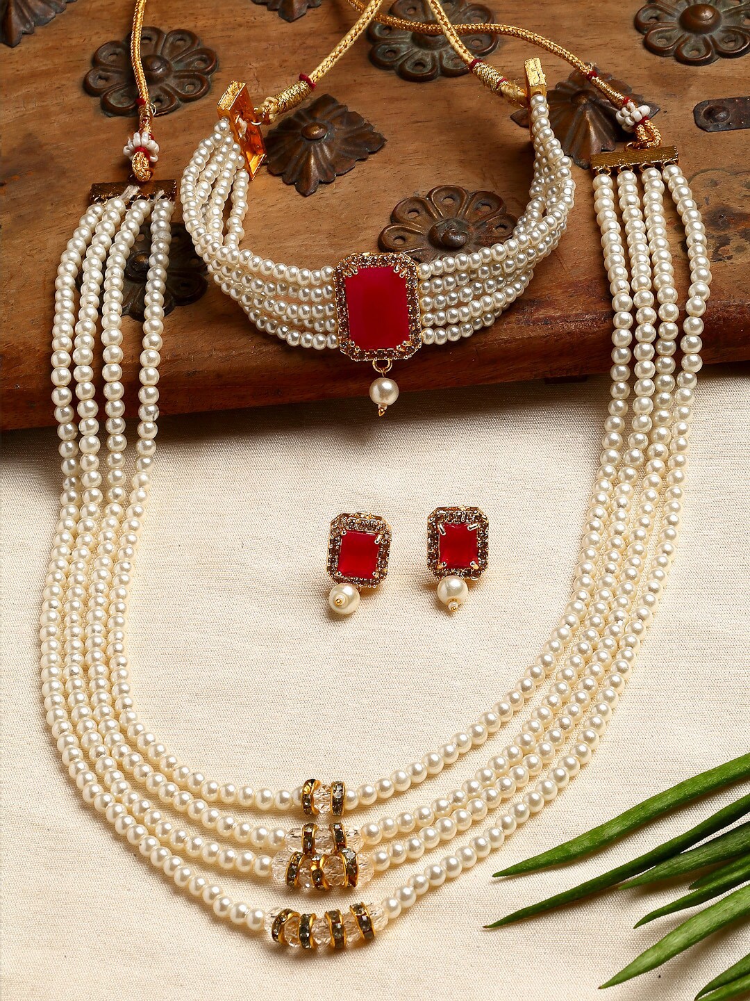 

ZENEME Gold-Plated & Red Stone-Studded & Beaded Temple Jewellery Set