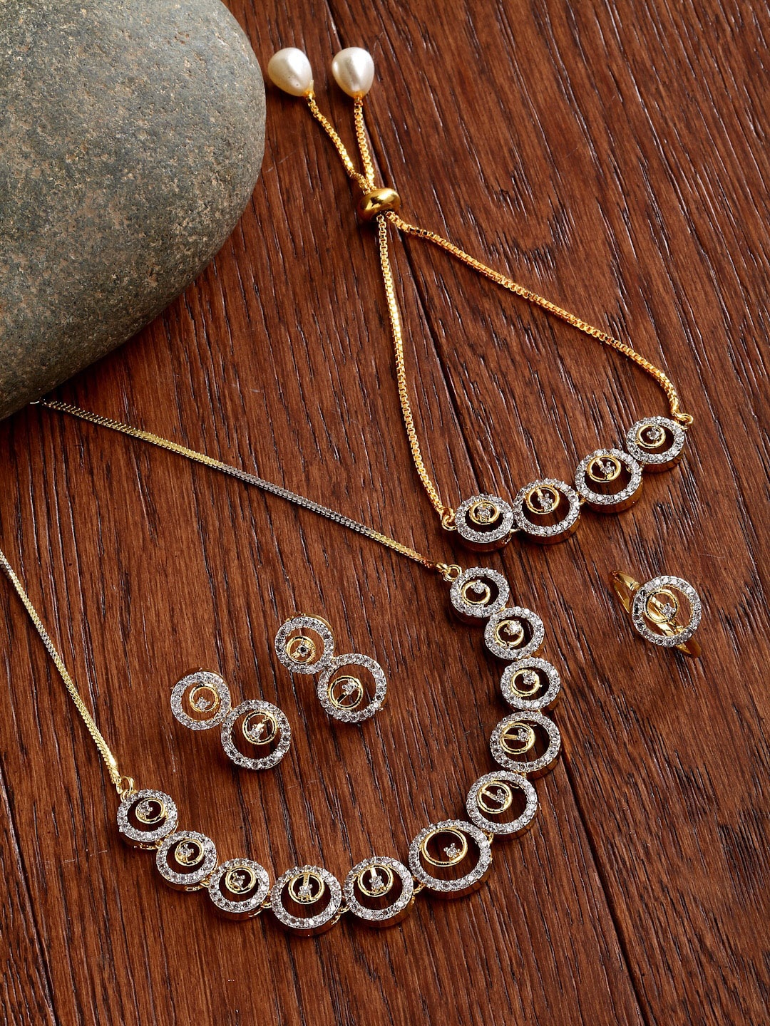 

ZENEME Gold-plated & White AD-Studded Triangle Shaped Jewellery Set