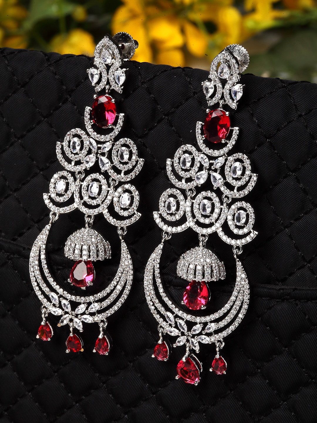 

ZENEME Silver-Plated & Pink American Diamond Studded Contemporary Chandbalis Earrings