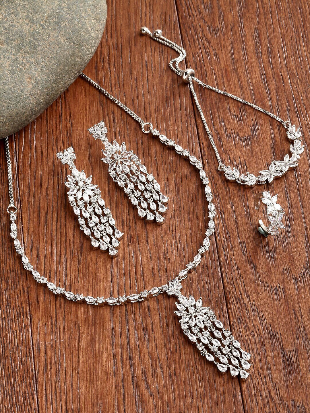 

ZENEME Silver-Plated White AD-Studded Jewellery Set