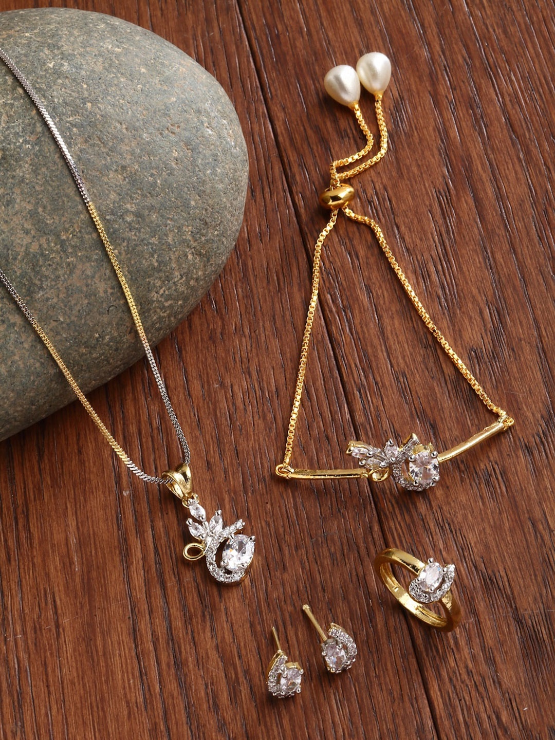 

ZENEME Gold-Plated White AD Studded Jewellery Set