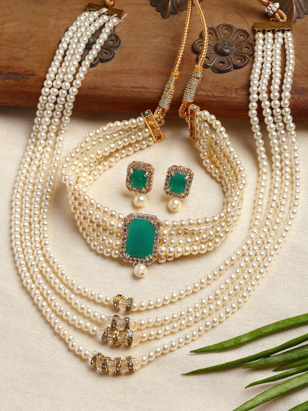 

ZENEME Gold-Plated Green Stone-Studded & Pearl Beaded Jewellery Set