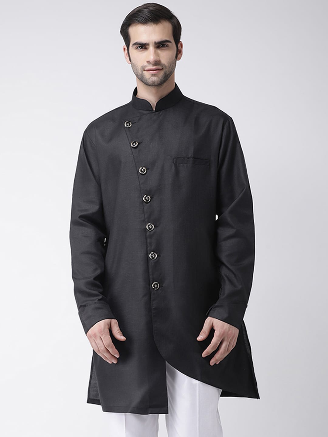 

SG LEMAN Men Black Solid Pure Cotton Angrakha Kurta