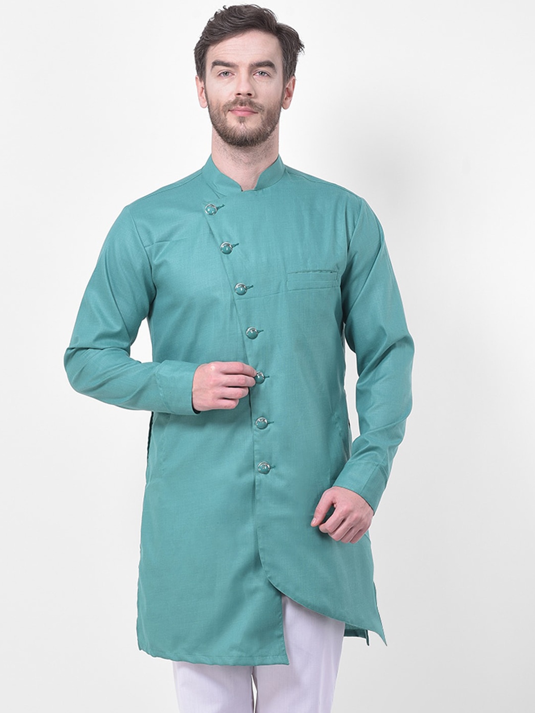 

SG LEMAN Men Green Thread Work Pathani Kurta