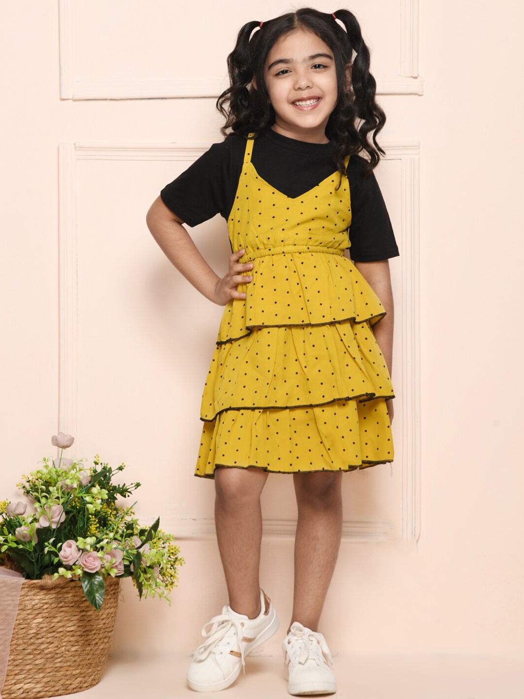 

LilPicks Mustard Yellow & Black Layered Crepe Pinafore Dress