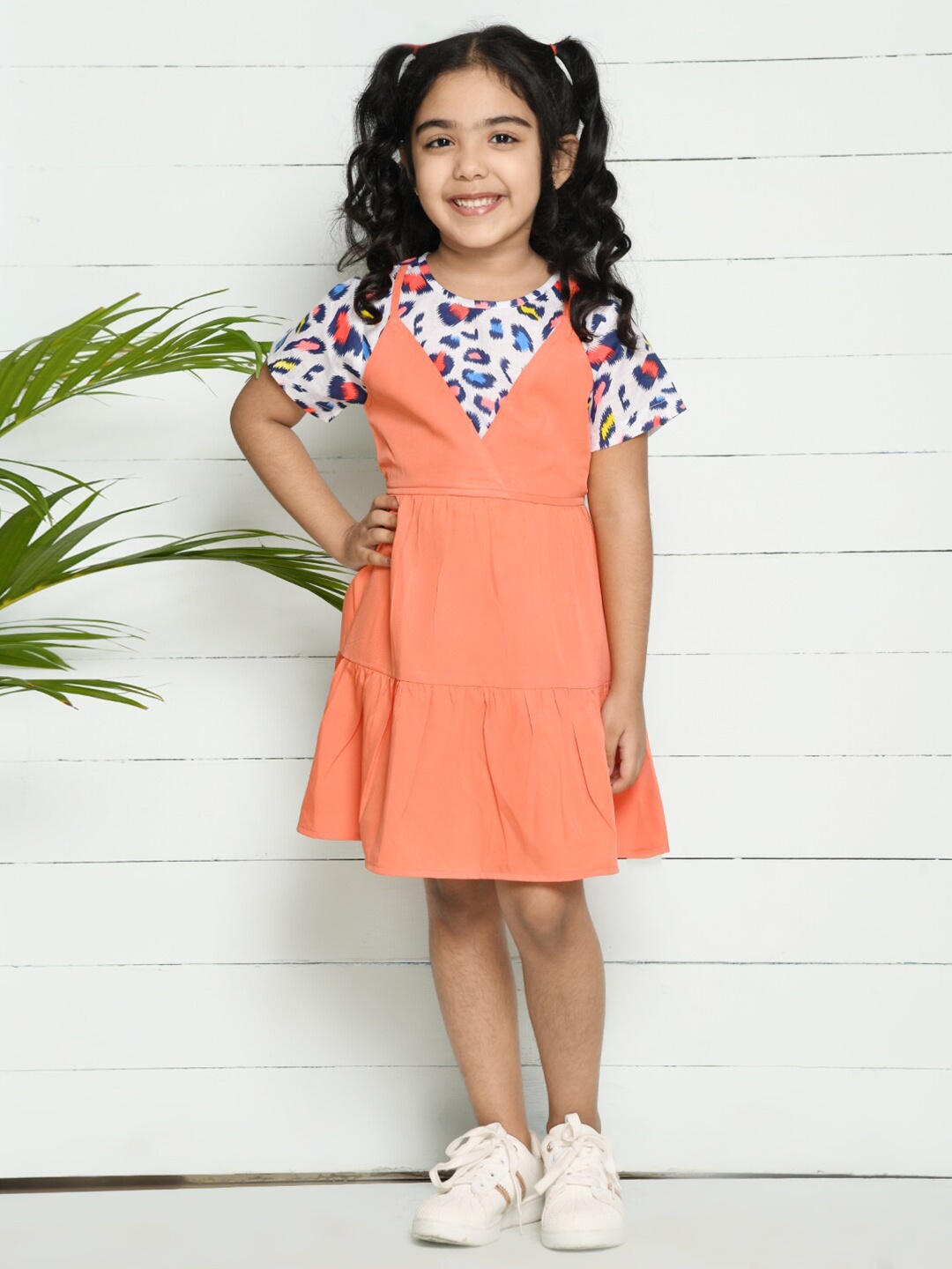 

LilPicks Peach-Coloured & White Crepe Pinafore Dress