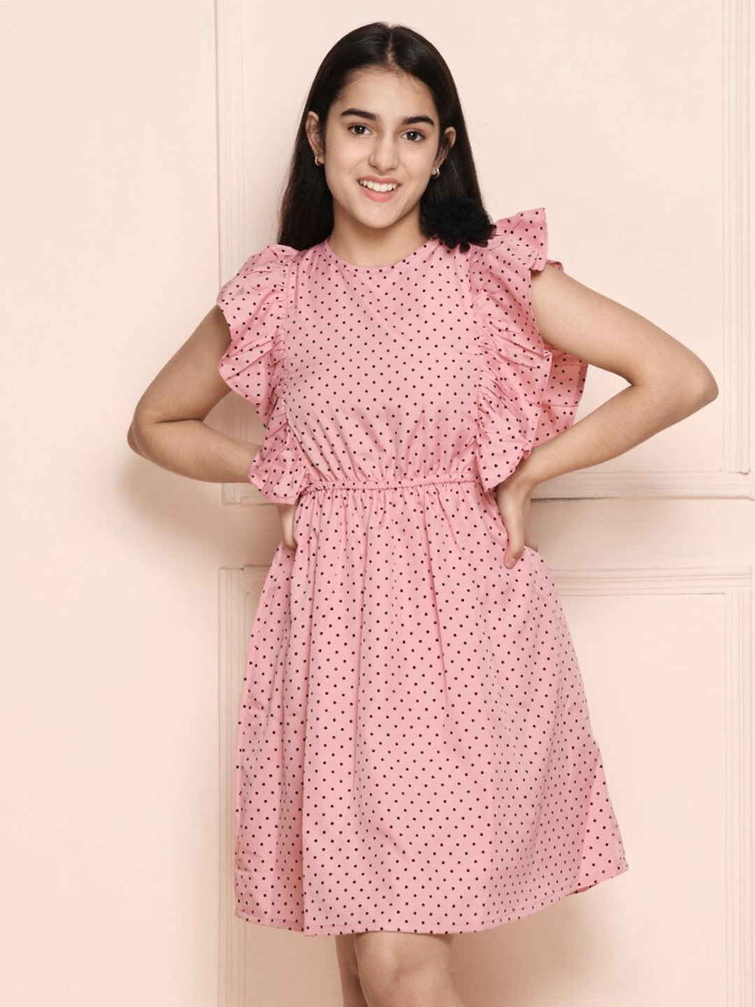 

LilPicks Girls Pink Polka Dots Printed Fit & Flare Dress with Ruffles