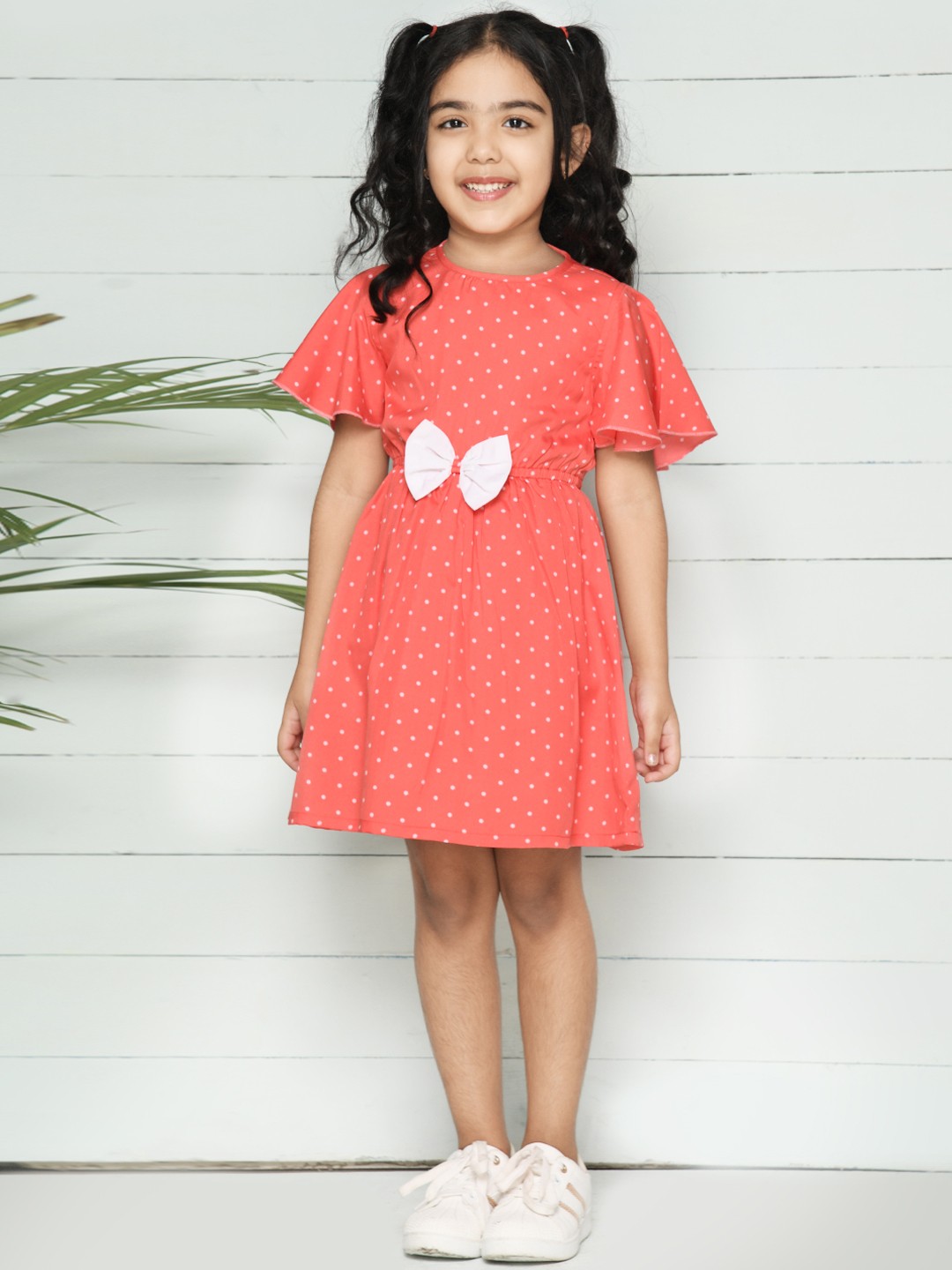 

LilPicks Peach-Coloured & White Crepe A-Line Dress
