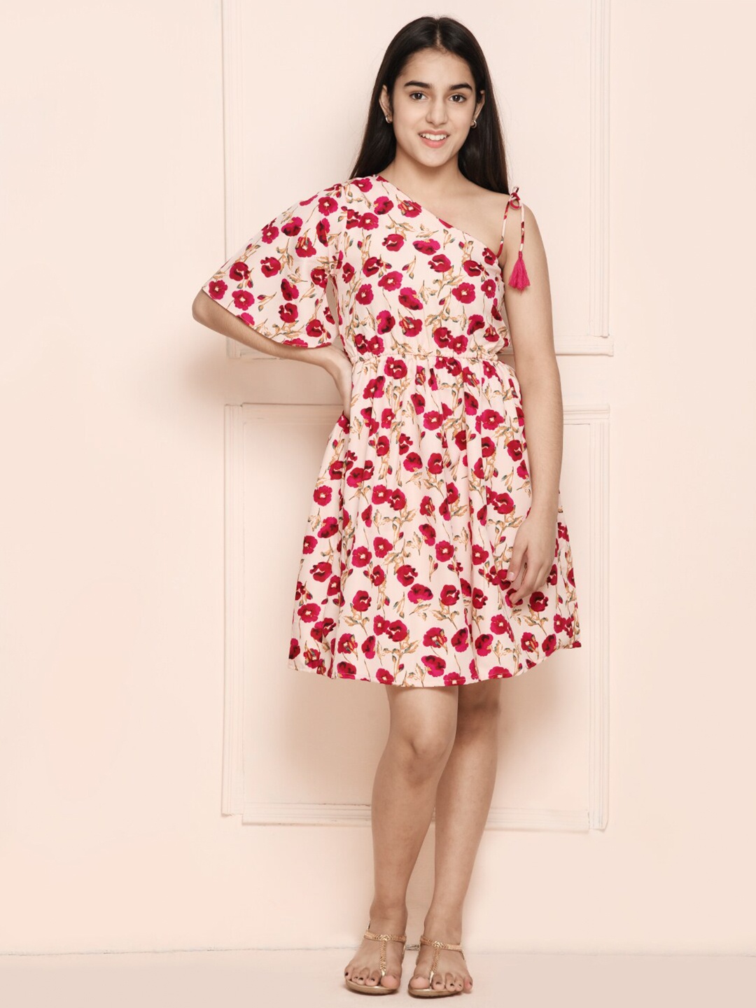 

LilPicks Beige & Red Floral Printed One Shoulder Crepe Dress