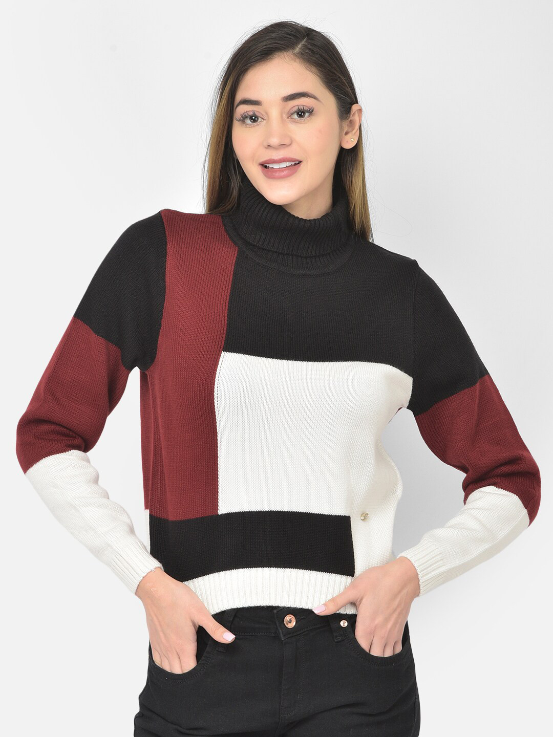 

Latin Quarters Women Maroon & White Colourblocked Acrylic Pullover