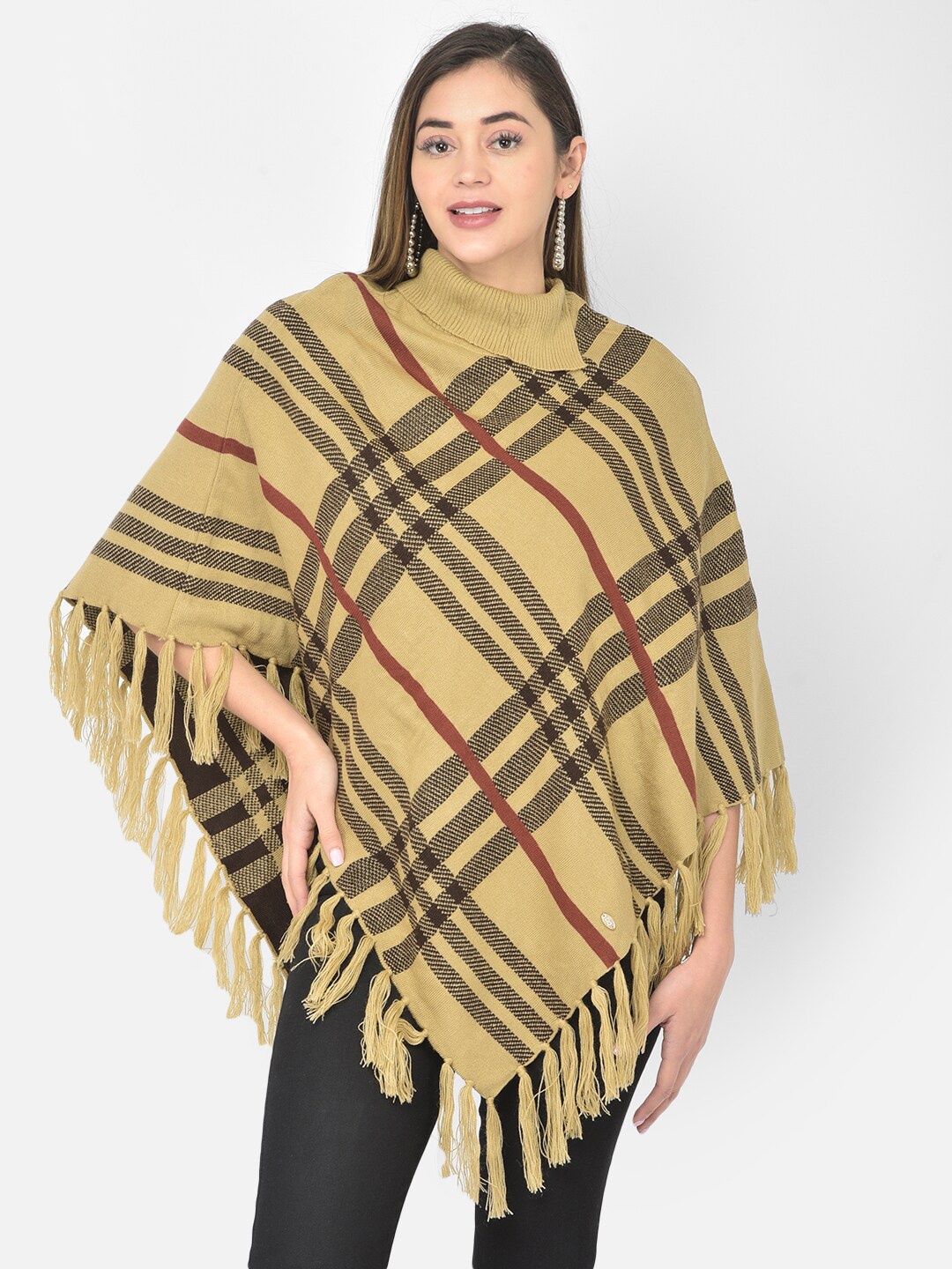 

Latin Quarters Women Beige Checked Acrylic Poncho Sweater