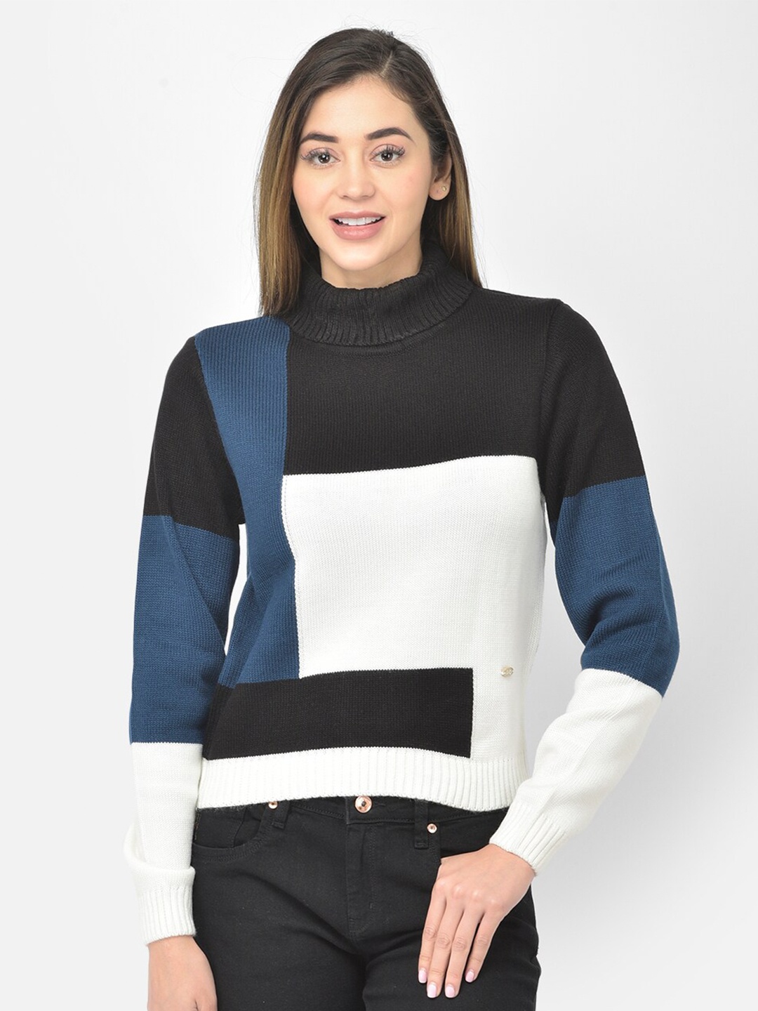 

Latin Quarters Women Teal & White Colourblocked Acrylic Pullover