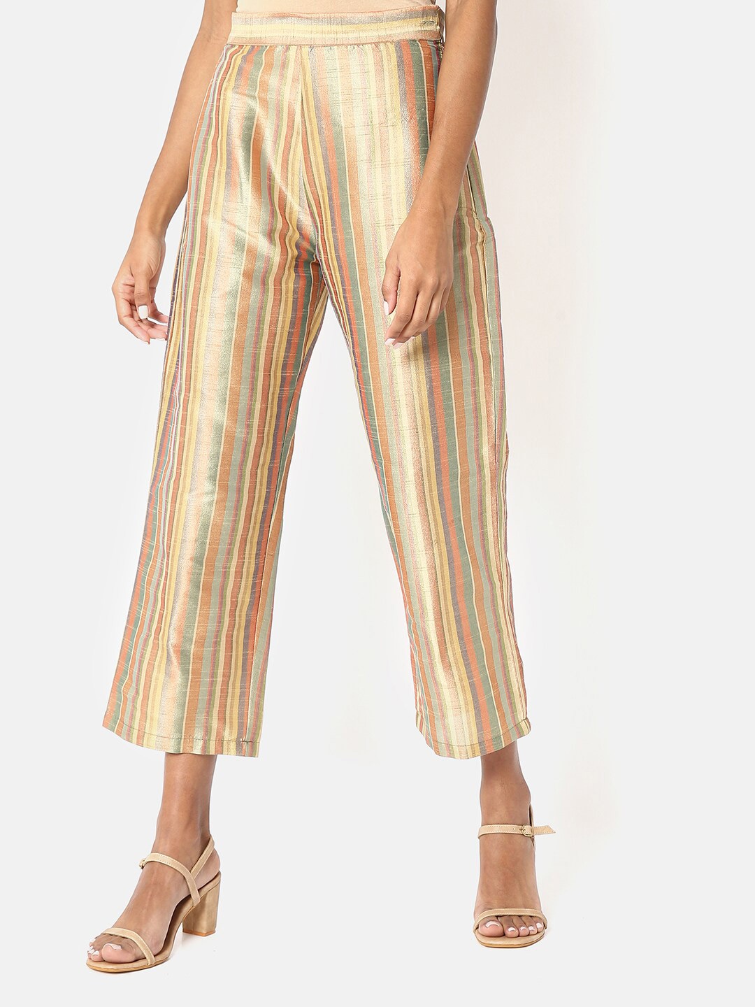

Saaki Women Gold-Toned & Green Striped Cropped Palazzos