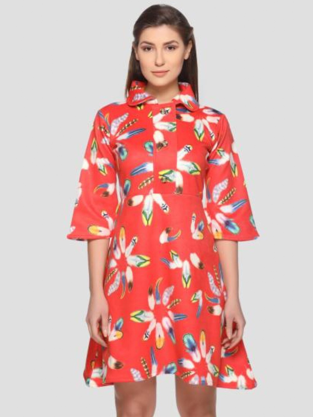 

armure Orange Floral Printed Wool A-Line Dress