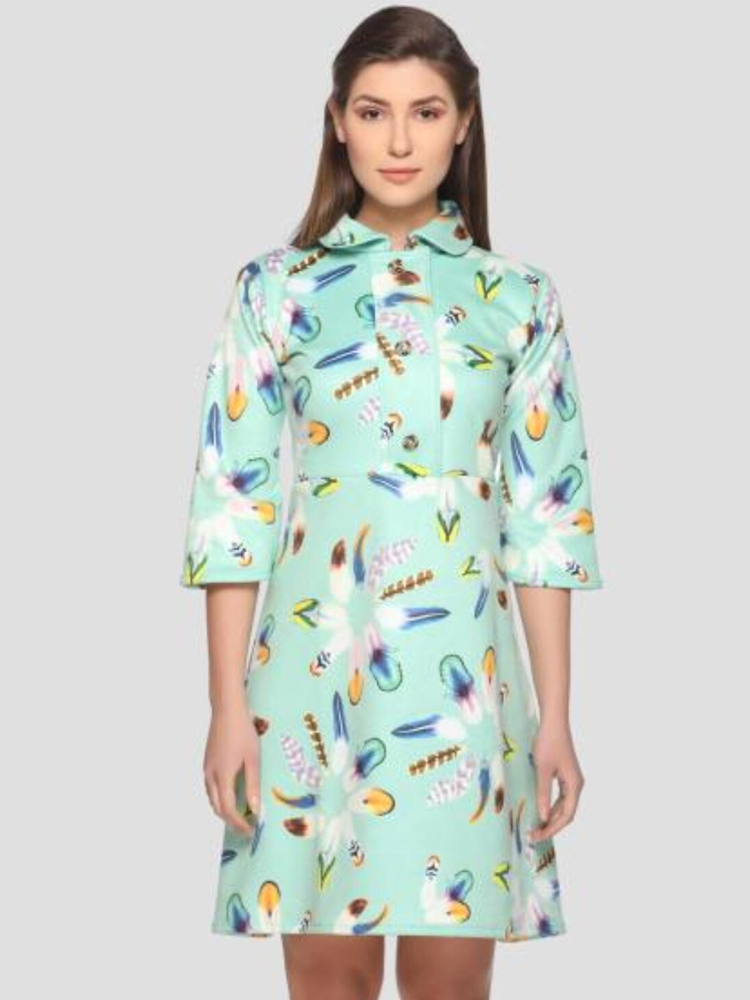 

armure Sea Green & White Floral Scuba A-Line Dress