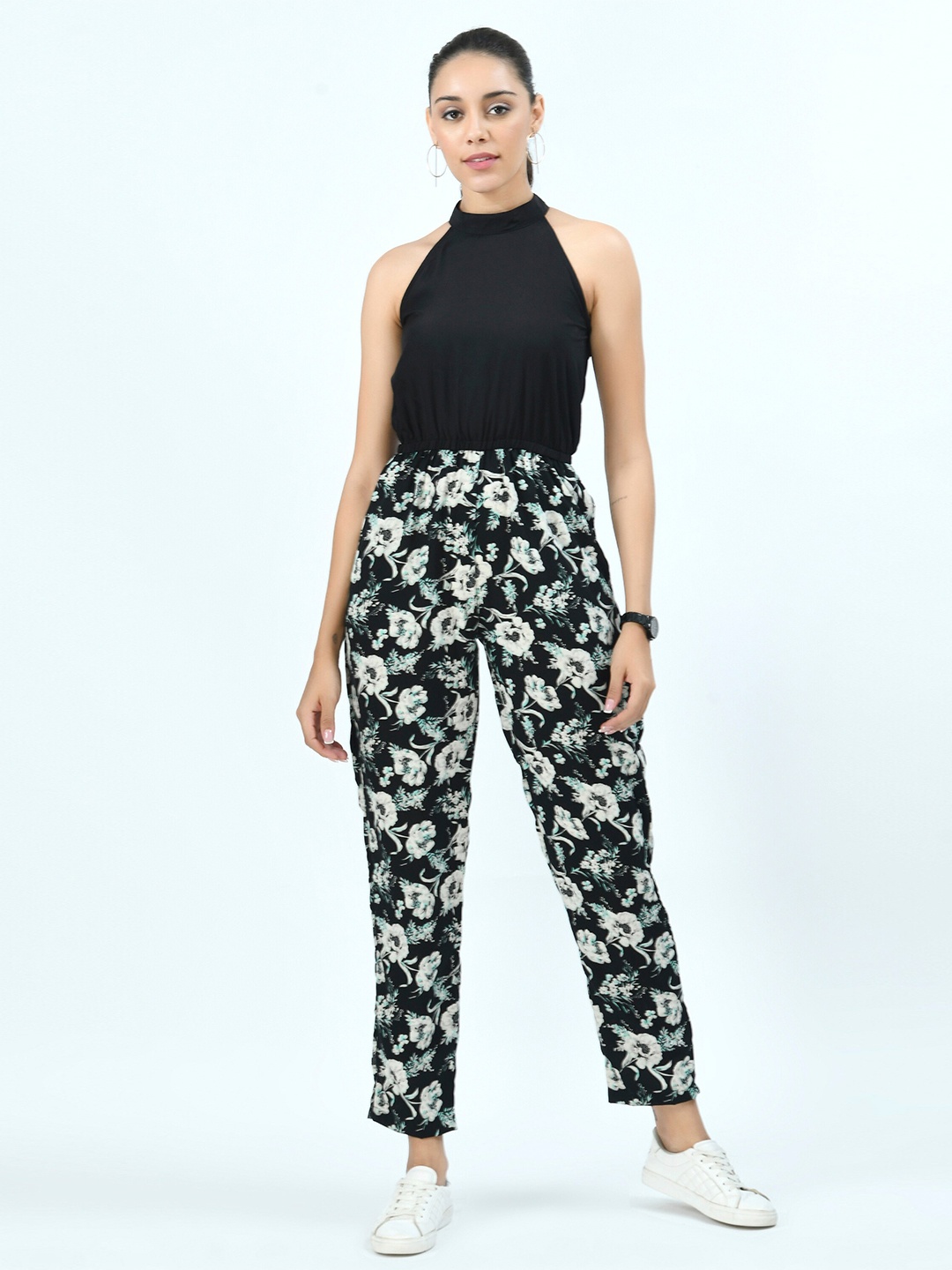 

V&M Black & White Halter Neck Printed Basic Jumpsuit