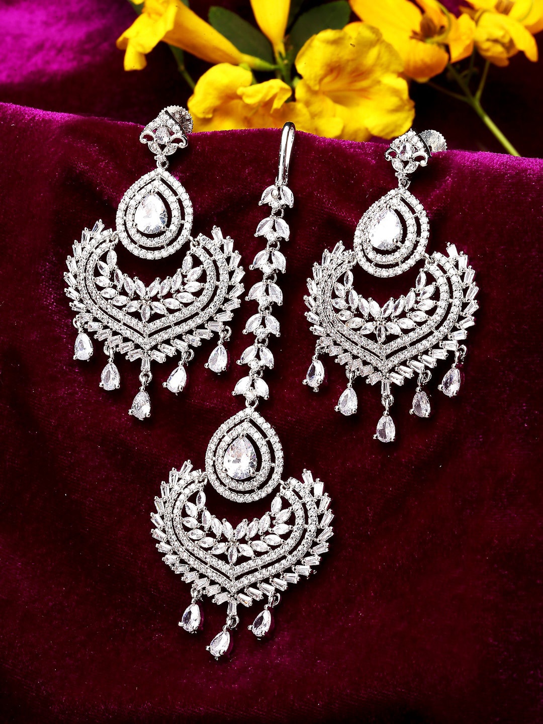 

ZENEME Silver-Plated White AD-Studded Maang Tikka & Earrings Jewellery Set