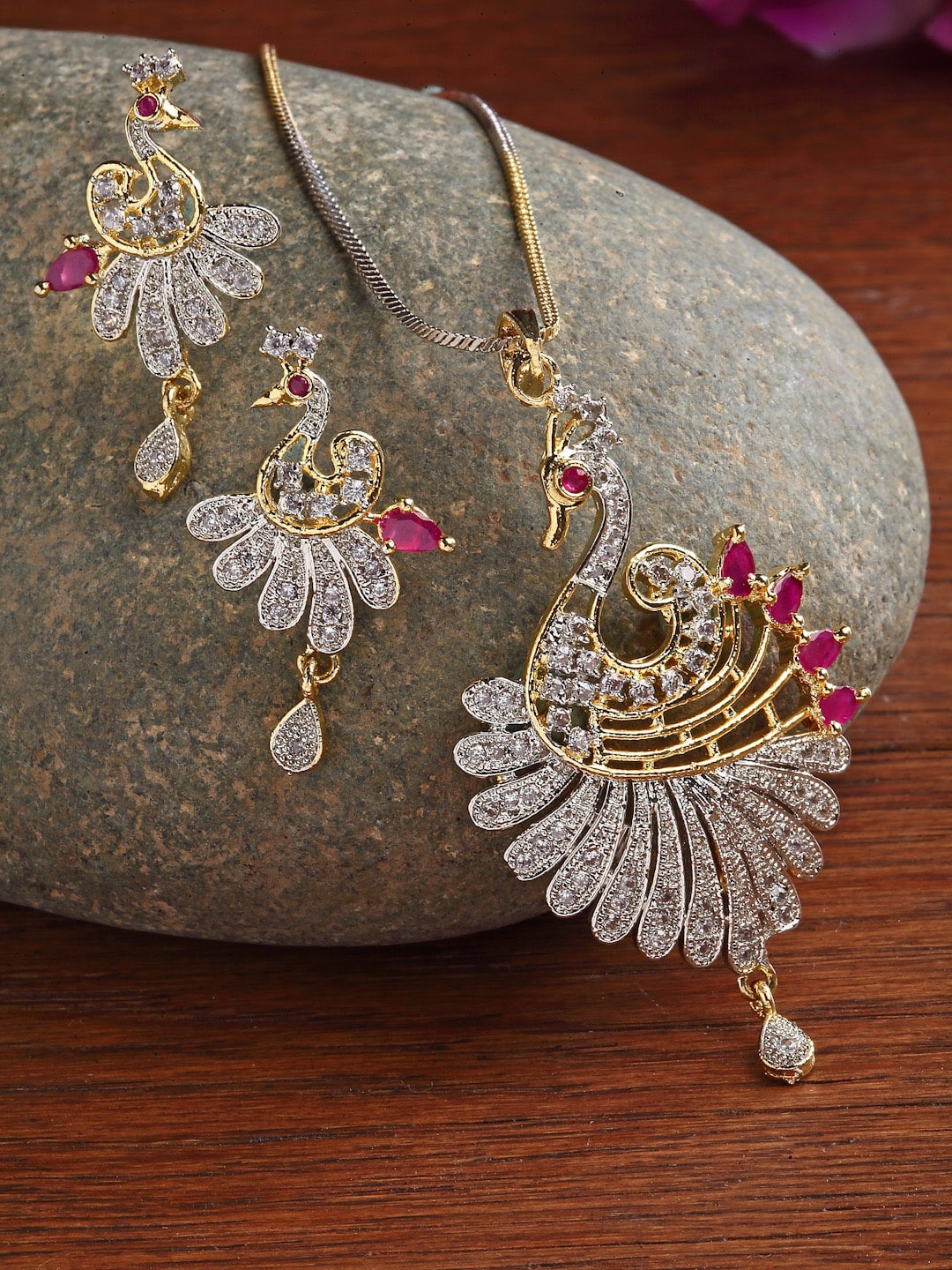 

ZENEME Women Pink Gold Plated White CZ Stone Studded Peacock Pendant Set